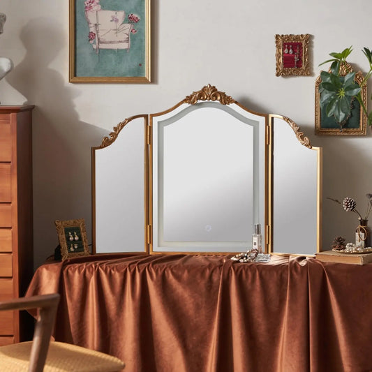 Baroque-style carved arched vintage three-panel vanity mirror with three-color LED lighting and dimming function