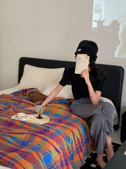 Jeté de lit à carreaux arc-en-ciel Dopamine - Grand, chaud et doux